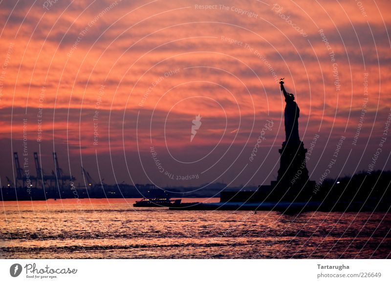 Sunset of Liberty Vacation & Travel Tourism Trip Sightseeing City trip Sculpture Sky Clouds Sunrise Coast River bank Island liberty island Hudson River