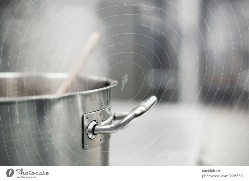 What's up today? Pot Gray Steel Door handle Steam Kitchen Gastronomy Cooking Colour photo Subdued colour Detail Deserted Copy Space right Copy Space top