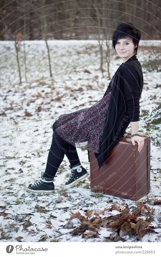 suitcase Vacation & Travel Trip Freedom Winter Snow Winter vacation Feminine Young woman Youth (Young adults) Woman Adults 1 Human being 18 - 30 years Nature