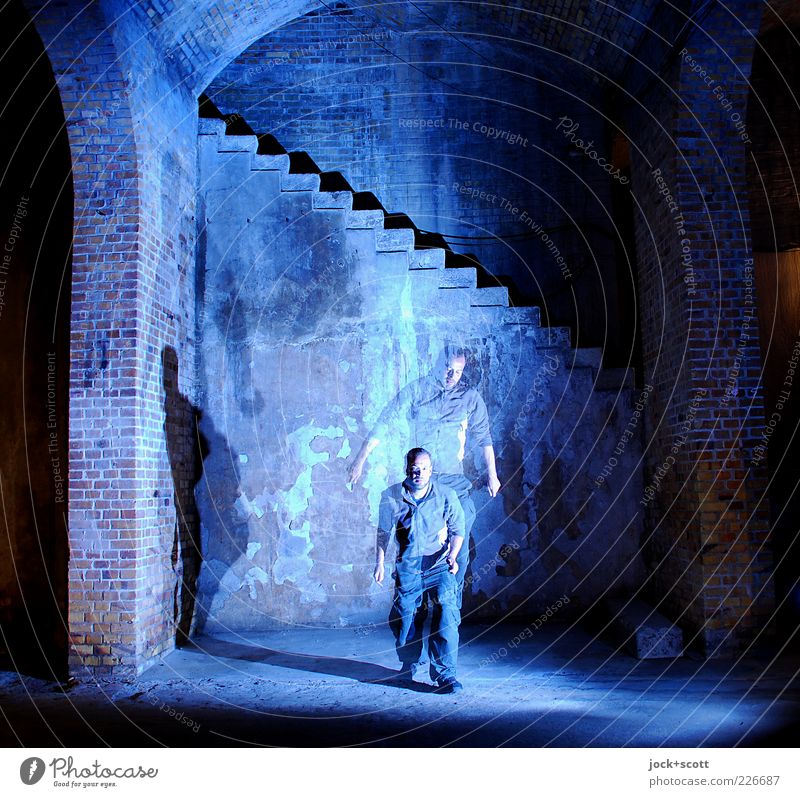 Moment in place Manmade structures Storehouse Wall (building) Stairs Brick Movement To fall Jump Old Blue Reaction to movement Vault Double exposure Fantasy