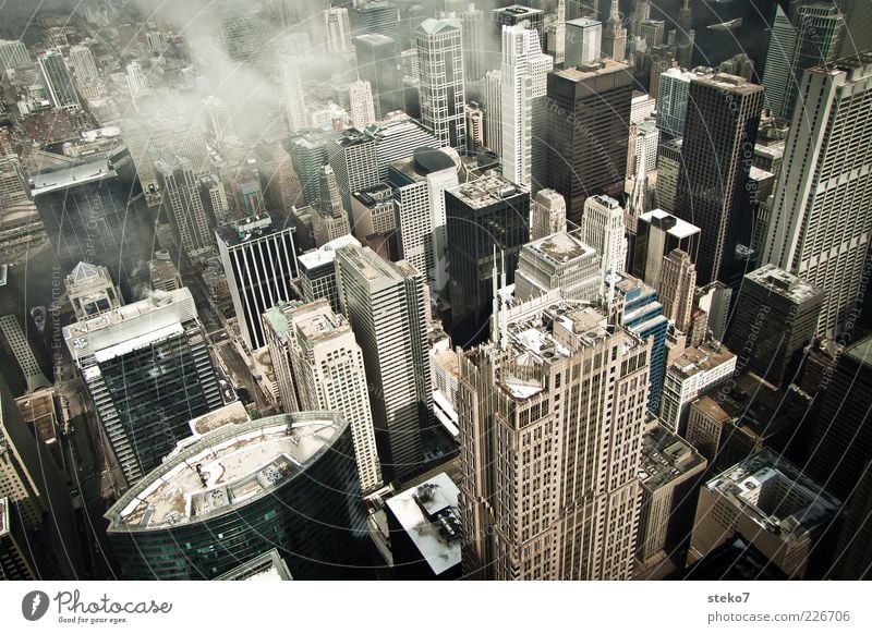 vertigo Clouds Downtown High-rise Roof Tall Cold Town Chicago gorge of houses Office building Colour photo Exterior shot Deserted Bird's-eye view Gloomy