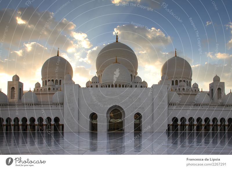 Sheikh Zayid Mosque at dusk Abu Dhabi United Arab Emirates Asia Palace Places Architecture Tower Roof Domed roof Arcade Entrance Goal Tourist Attraction