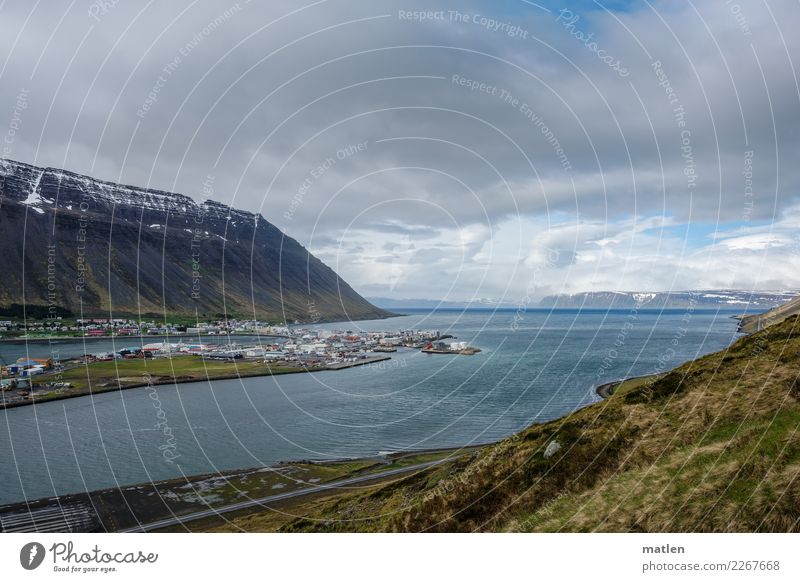 isafjoedur Nature Landscape Sky Clouds Horizon Spring Beautiful weather Wind Grass Rock Mountain Snowcapped peak Coast Fjord Ocean Capital city Port City