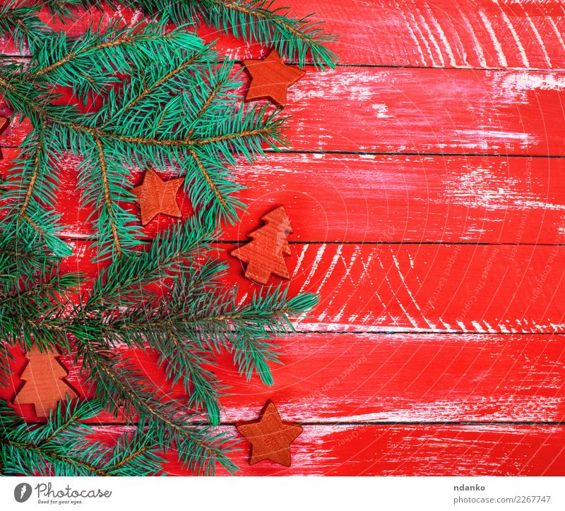 bright red wooden background of boards Decoration Feasts & Celebrations Christmas & Advent New Year's Eve Tree Wood Old Retro Green Red Spruce fir copy space