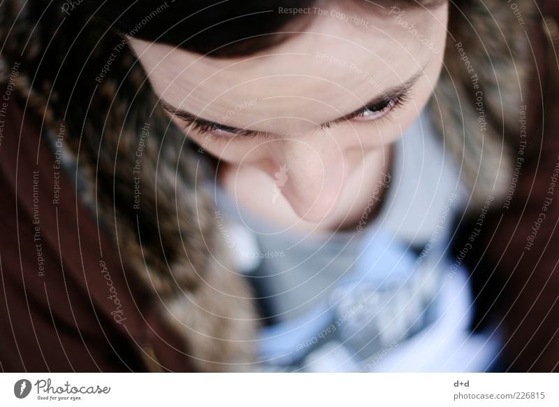 "v" Human being Feminine Woman Young woman Eyes Eyelash Nose Bird's-eye view Pelt Eyebrow Pallid Skin Shallow depth of field Portrait photograph Brown Fur goods