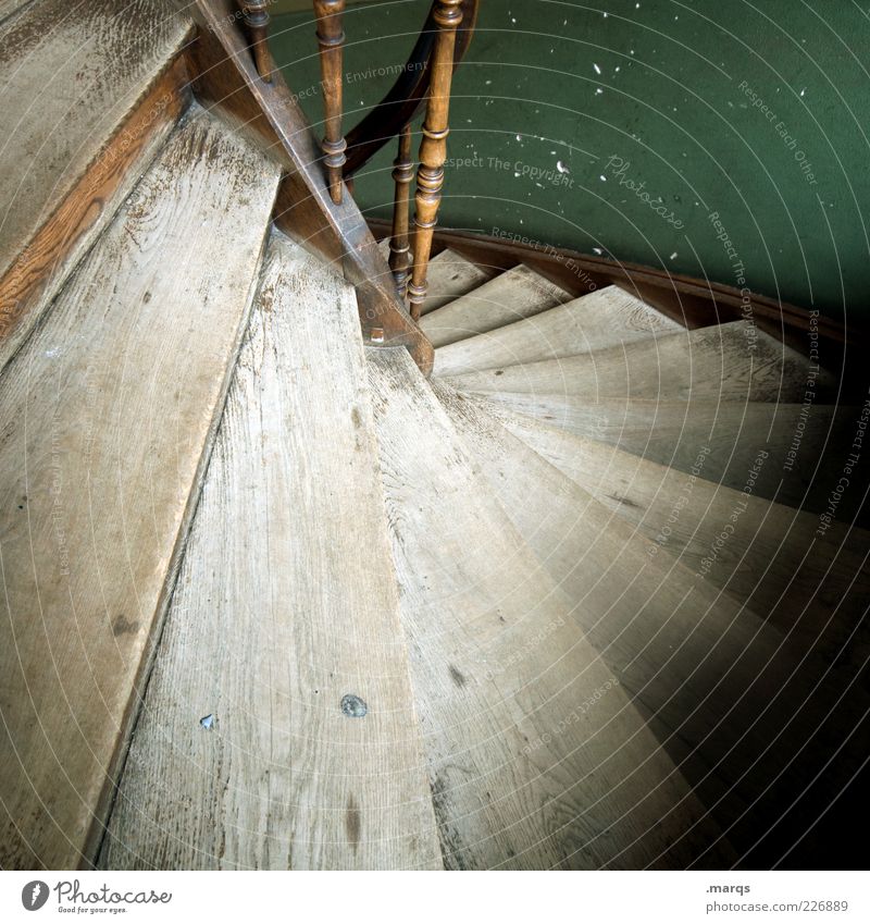 down Stairs Banister Wood Old Perspective Colour photo Interior shot Close-up Deserted Staircase (Hallway) Downward Copy Space bottom Shaft of light Wood grain