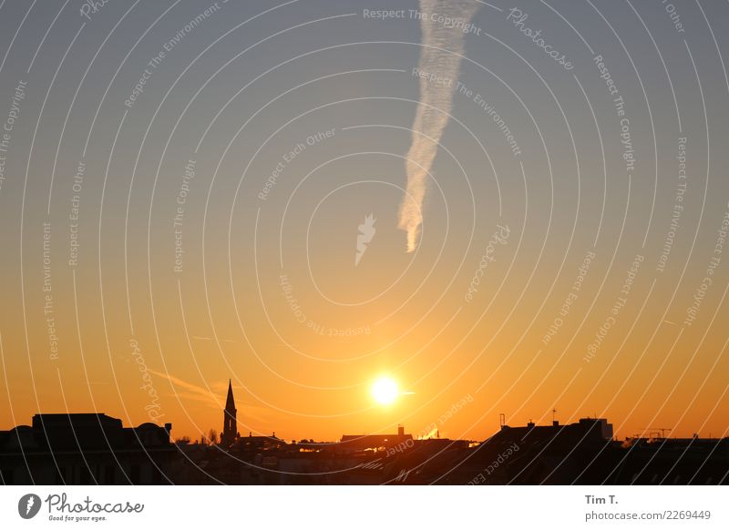 Prenzlauer Berg Town Capital city Downtown Old town Skyline Deserted Church Moody Zion Church Clouds Vapor trail Colour photo Exterior shot Copy Space top