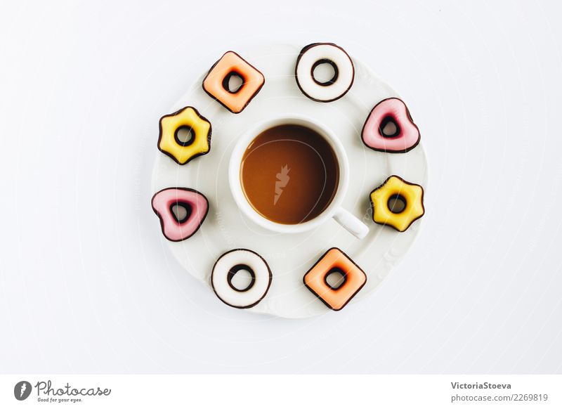 Minimalistic concept.Top view flat lay Food Dessert Candy Chocolate Eating Breakfast Lunch To have a coffee Drinking Hot drink Coffee Latte macchiato Espresso