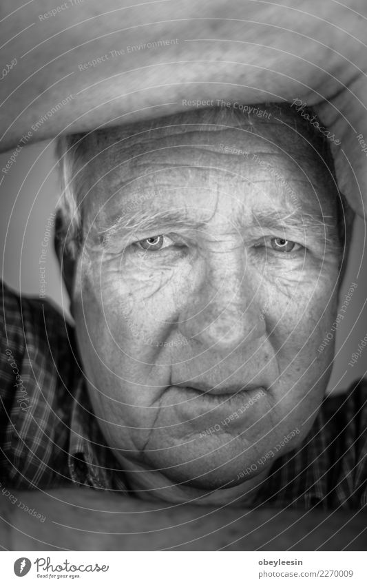 Close up face portrait Older depressed man Face Human being Man Adults Grandfather Hand Think Sadness Natural Gray Black White Loneliness Fear Middle head sad