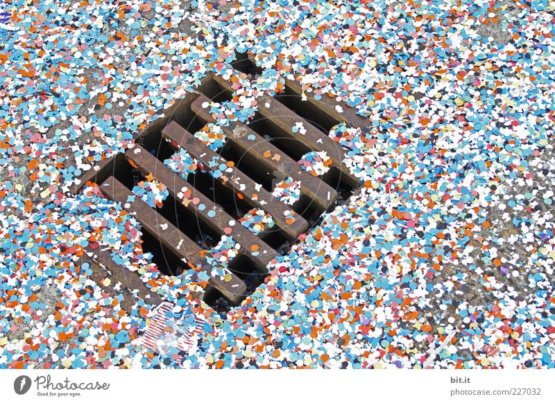 confetti Blue Multicoloured Confetti Channel Drainage system Lie Paper Street Happiness Snippets Chaos Floor covering Ground Under Colour photo Exterior shot