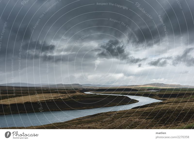 Coriolis force Nature Landscape Air Water Sky Clouds Horizon Spring Bad weather Wind Grass Mountain Coast River bank Dark Brown Gray Iceland Flow Curve