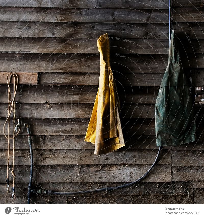 cardigans Work and employment Rope Workwear Protective clothing Wood Plastic Dirty Yellow Barn Rain wear Hose Tap Farm Farmer Colour photo Interior shot