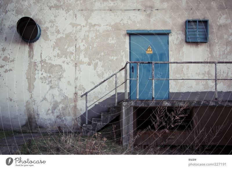 I'll take the yellow envelope. Industrial plant Building Wall (barrier) Wall (building) Stairs Facade Door Old Gloomy Dry Blue Gray Decline Past