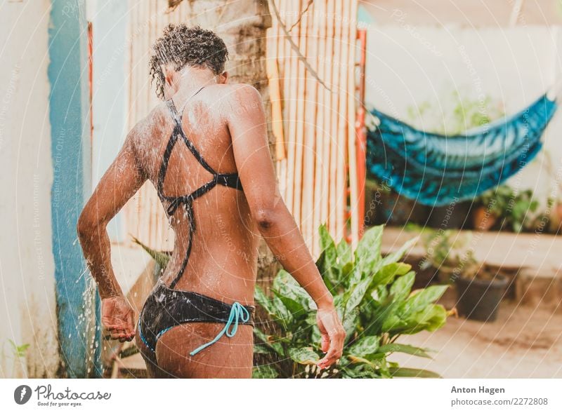 Girl in the shower Feminine 1 Human being 18 - 30 years Youth (Young adults) Adults Passion Beautiful Shower (Installation) Drops of water Hammock Bamboo fence