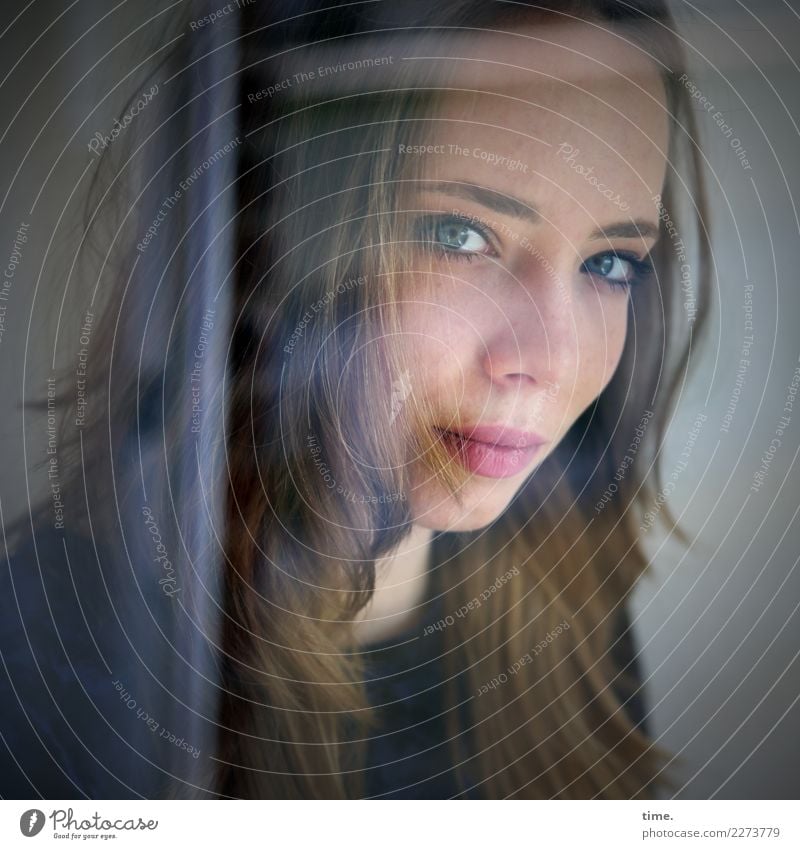 young woman at the window Feminine Woman Adults 1 Human being Window Sweater Blonde Long-haired Observe Looking pretty Self-confident Cool (slang) Force