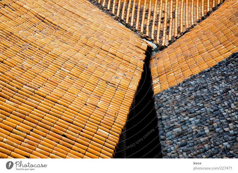 The roofs of Fengdu China Asia Village Old town Roof Roofing tile Brick Line Triangle Esthetic Sharp-edged Simple Point Brown Yellow Red Black Colour Symmetry