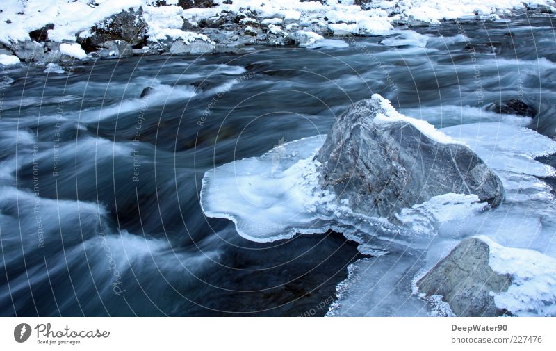 Iced water Nature Water Winter Snow Waves River bank Stone Blue Gray White Contentment Loneliness Uniqueness Freedom Joy Motion blur Flow Whitewater Waterfall