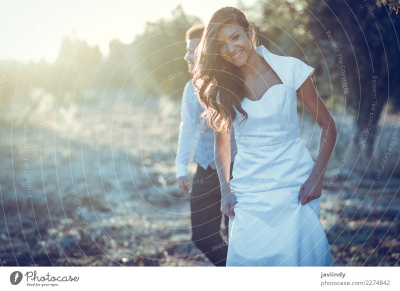 Just married couple together in nature background Happy Beautiful Feasts & Celebrations Wedding Young woman Youth (Young adults) Young man Woman Adults Man