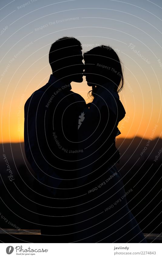 Silhouette of a young bride and groom at Sunset Happy Beautiful Wedding Human being Young woman Youth (Young adults) Young man Woman Adults Man Couple 2