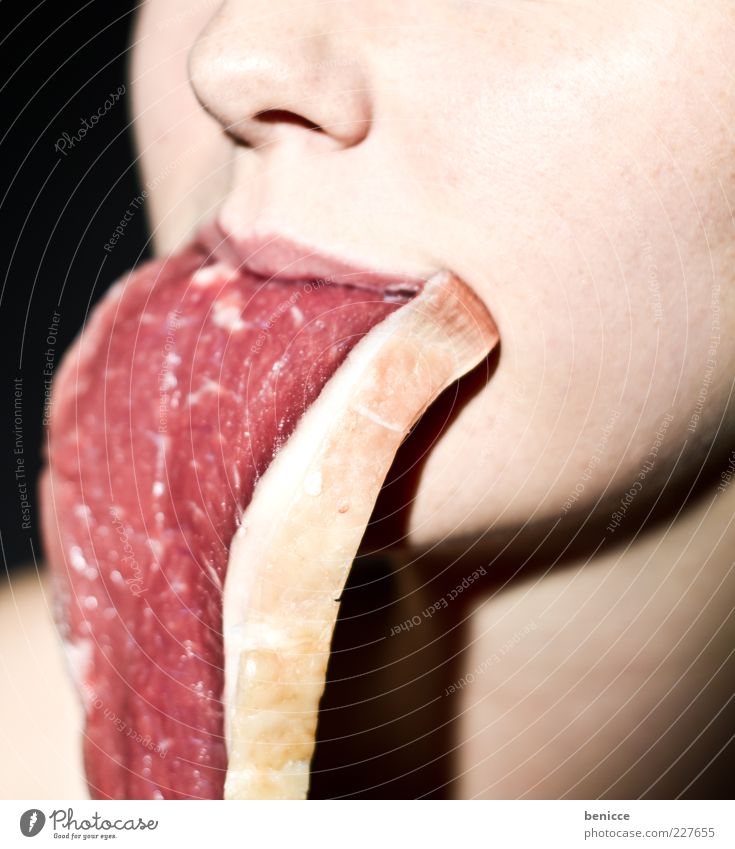 medium Meat Human being Woman Nutrition Eating Raw Steak Escalope Beef Fat Overweight Carnivore Food Abstract Funny Nose Red Tongue Mouth Lips Suspended