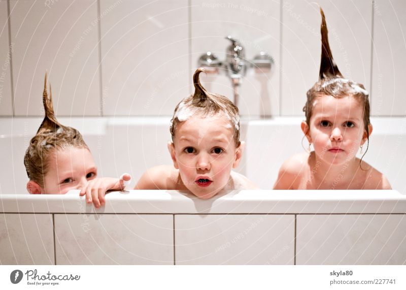 bathing fun Bathtub Bathroom Group of children Toddler 1 - 3 years Funny Joy Cute Dearest Mohawk hairstyle Wet Group photo Looking into the camera Wash Shampoo
