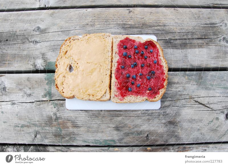 PB & J Food Bread Jam Picnic Wood Natural Yellow Gray Red Appetite Colour photo Exterior shot Close-up Deserted Brunch Bird's-eye view Food photograph Sandwich