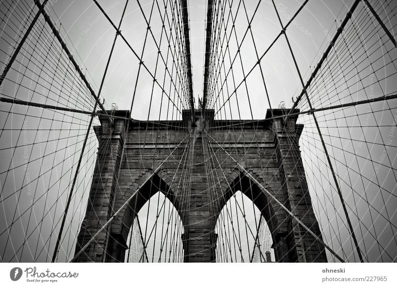 brooklyn bridge New York City Bridge Architecture Bridge pier Tourist Attraction Brooklyn Bridge Dark Gigantic Network Rope Black & white photo Exterior shot