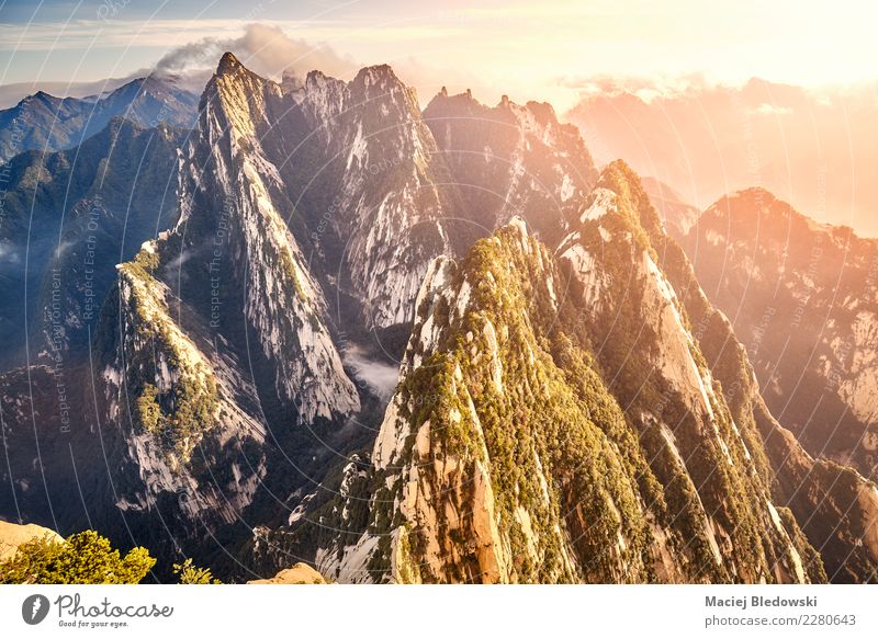 View from Huashan South Peak China at sunset. Vacation & Travel Tourism Trip Adventure Expedition Mountain Climbing Mountaineering Nature Landscape Sky Hill