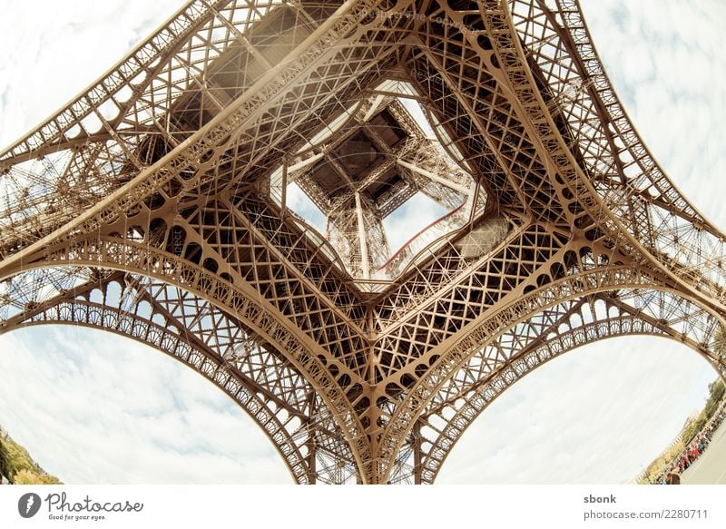 Eiffel Tower from below Paris Town Downtown Manmade structures Building Tourist Attraction Landmark Monument Vacation & Travel France Colour photo Exterior shot
