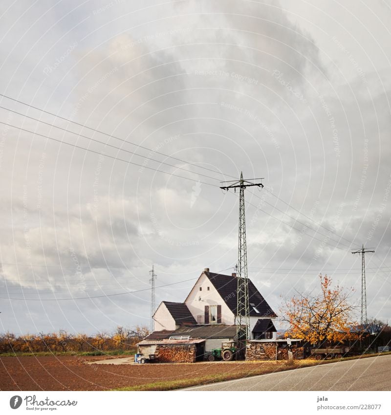 home Landscape Sky Clouds Autumn Plant Tree Field House (Residential Structure) Manmade structures Building Architecture Gloomy Electricity pylon Farm Tractor