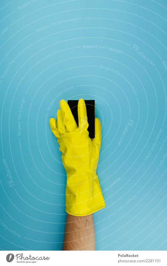 #AS# Putz-Spleen Art Esthetic Gloves Cleaning Cleaner Mr. Clean Blue Yellow Personal hygiene Sponge spleen Quirk Colour photo Multicoloured Interior shot