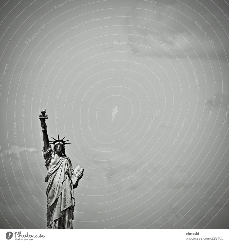 standard lamp Sky New York City USA Tourist Attraction Landmark Statue of Liberty Sign Freedom Black & white photo Copy Space right Copy Space top Day