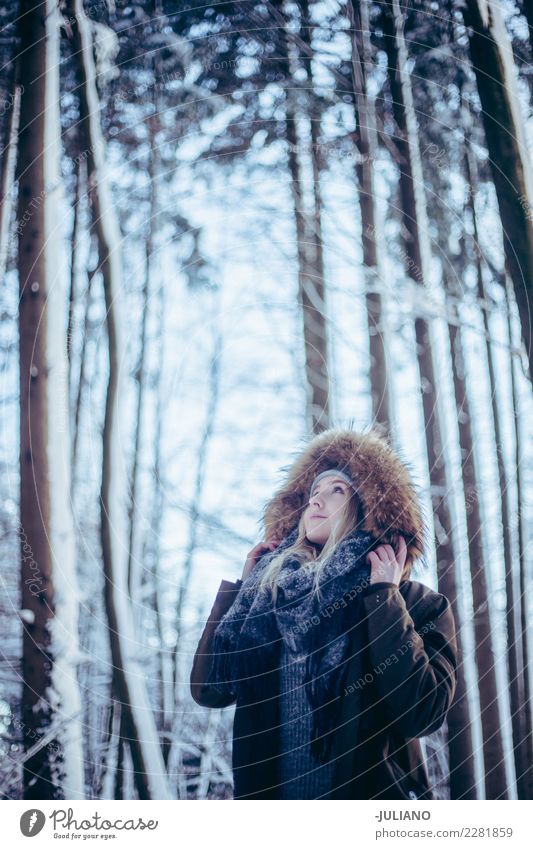 Young Woman in a snowy Forrest at winter looking the sky Lifestyle Far-off places Freedom Winter Winter vacation Human being Feminine Youth (Young adults)