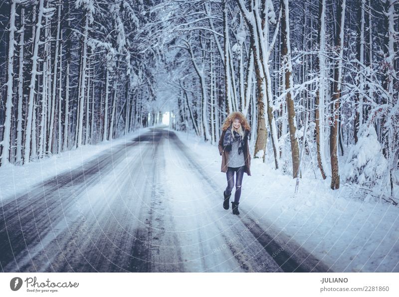 Young Woman is walking trough the Forrest in winter Lifestyle Far-off places Freedom Winter Winter vacation Human being Feminine Youth (Young adults)