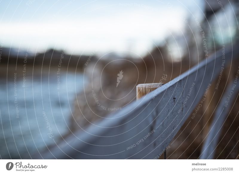 focus gradient Nature Earth Water Sky Horizon Winter Beautiful weather River bank tight focus Barrier Wooden fence Fence overcast sky Relaxation Dream Dark Cold