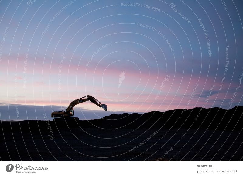 Dredging at dawn Construction site Construction machinery Excavator Sky Deserted Build Blue Pink Black Loneliness Apocalyptic sentiment dig Colour photo