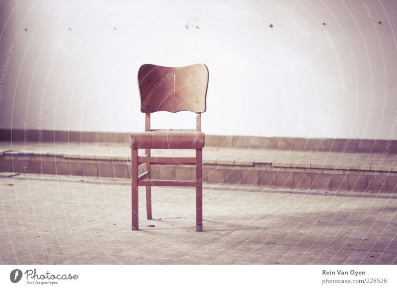 Chair Wood Brown Violet Red Loneliness Furniture Desolate Urban building Subdued colour Interior shot Deserted Copy Space middle
