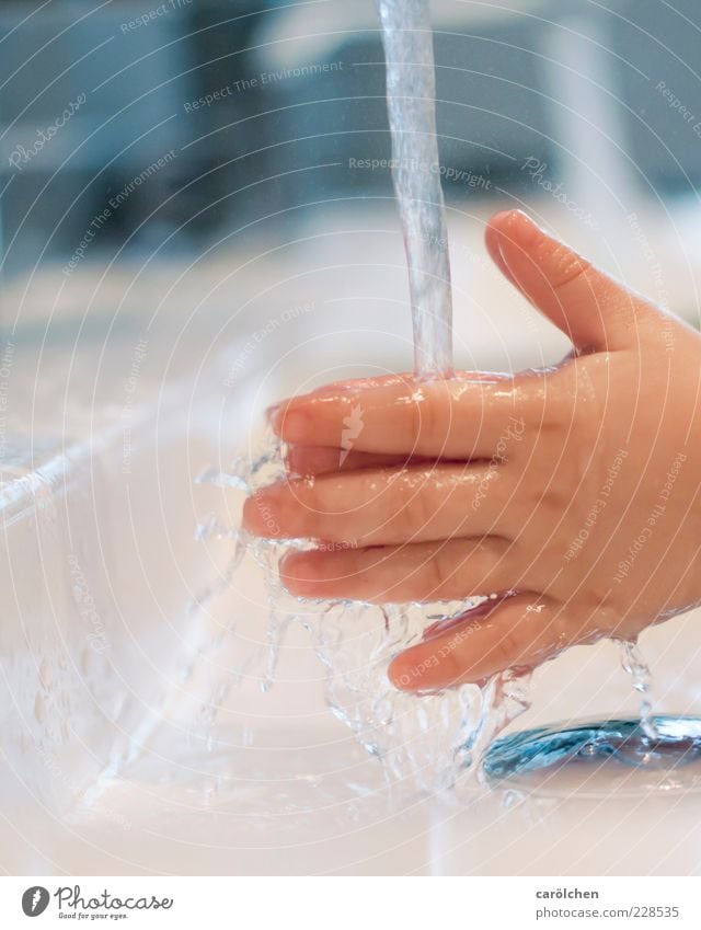 Innocent hands. Human being Child Toddler Hand 1 1 - 3 years Blue Wash hands Water Sink Bathroom Personal hygiene Pure Cleanliness Colour photo Interior shot