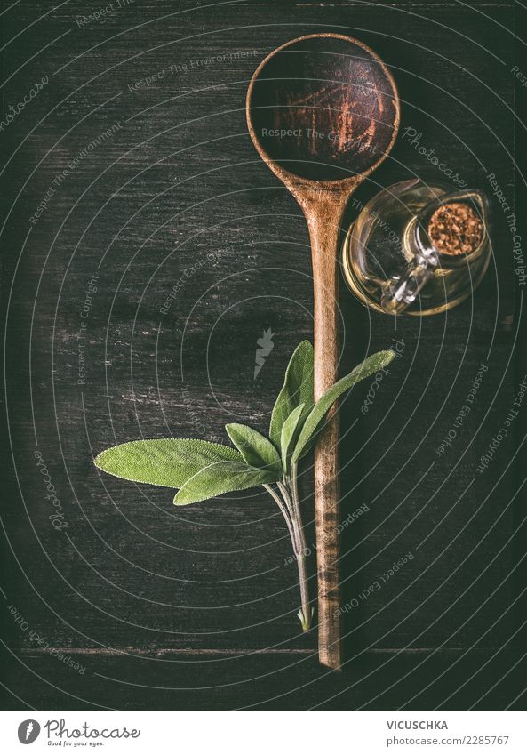 Old cooking spoons Style Design Restaurant Wooden spoon Background picture Cooking Things Dark Vintage Herbs and spices Colour photo Interior shot Studio shot
