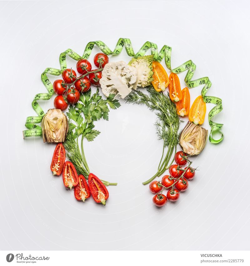 Round frames with salad vegetables and tape measure Food Vegetable Nutrition Organic produce Vegetarian diet Diet Style Design Healthy Healthy Eating Restaurant
