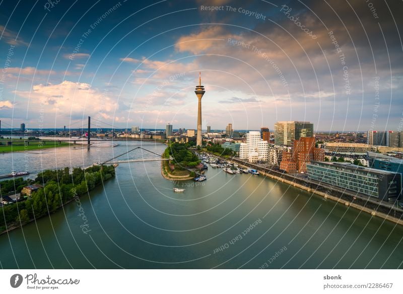 Düsseldorf from above Duesseldorf Town Port City Downtown Skyline Building Architecture Navigation Boating trip Harbour Tourism media harbour Panorama (Format)