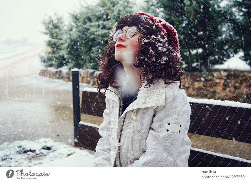 Young nerdy woman enjoying a snowy day Lifestyle Style Joy Beautiful Wellness Well-being Senses Relaxation Vacation & Travel Freedom Winter Snow Winter vacation