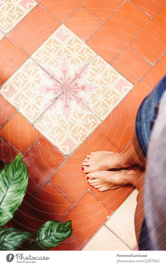 A woman's feet on colorful floor tiles Feminine Young woman Youth (Young adults) Woman Adults 1 Human being 18 - 30 years Tourism Vacation & Travel Cuba Tile