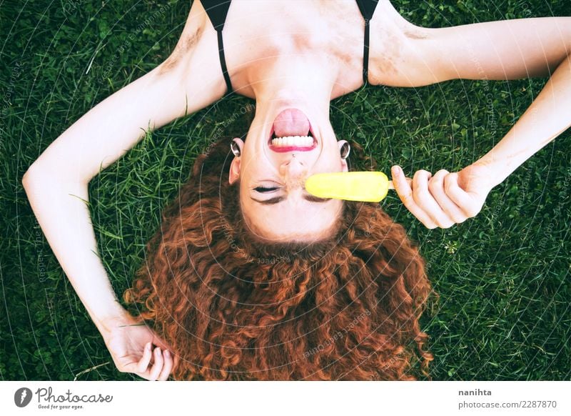 Cool portrait of a young woman holding an ice cream Ice cream Lifestyle Style Exotic Joy Beautiful Hair and hairstyles Wellness Well-being Human being Feminine