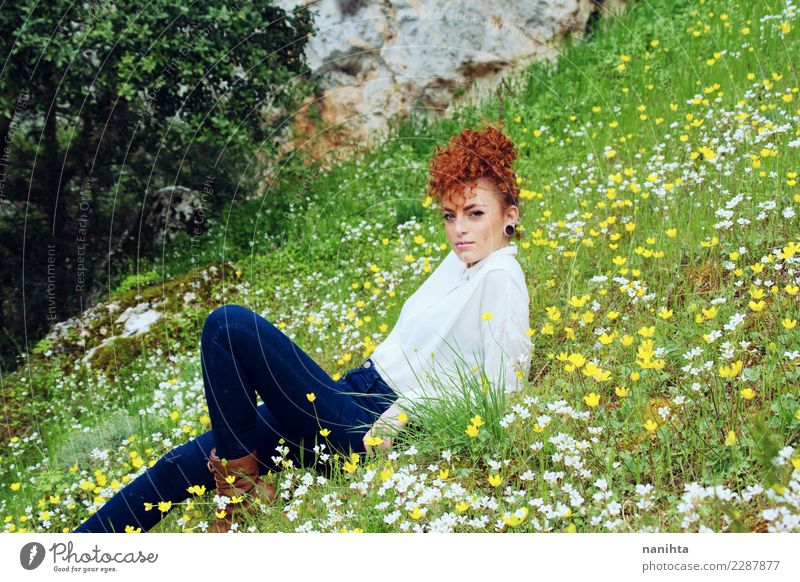 Redhead woman resting in a field of flowers Lifestyle Elegant Style Hair and hairstyles Wellness Harmonious Well-being Senses Relaxation Vacation & Travel