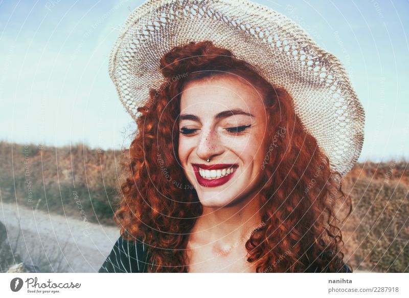 Young and happy redhead woman Lifestyle Style Joy Hair and hairstyles Skin Face Freckles Human being Feminine Young woman Youth (Young adults) 1 18 - 30 years