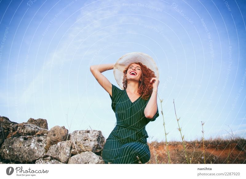 Young redhead woman so happy in the country Lifestyle Elegant Style Wellness Well-being Vacation & Travel Tourism Trip Adventure Summer Summer vacation
