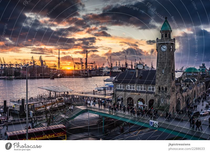 Hamburg harbour landing bridges sunset cloudy Europe Germany Elbe Town Harbour Water Channel Sun Sunset Industry Clouds Sky Gorgeous Beautiful Dramatic Wet