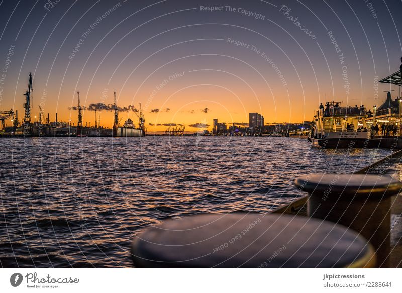 Hamburg Port Landungsbrücken Sunset Europe Germany Elbe Town Harbour Water Channel Industry Sky Gorgeous Beautiful Watercraft Commercial enterprise