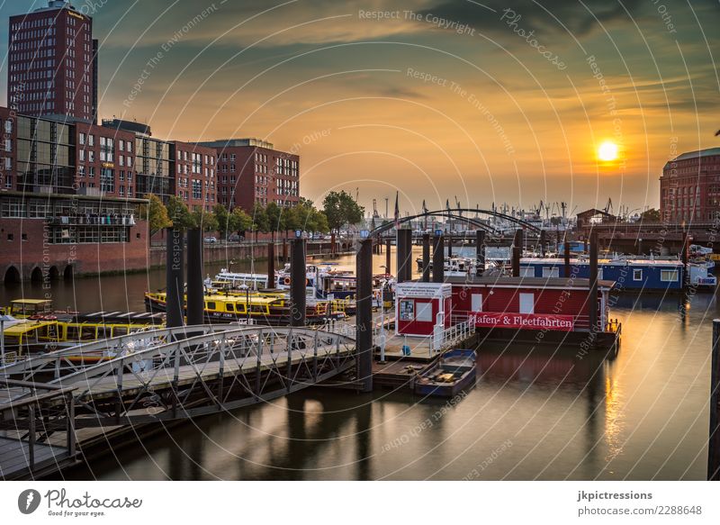 Hamburg harbour Speicherstadt sunset Europe Germany Elbe Town Harbour Water Channel Sun Sunset Industry Sky Gorgeous Beautiful Old warehouse district Watercraft